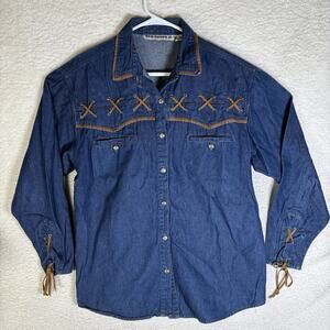 Red Rover Western Shirt Womens Medium Blue Denim Vintage Faux Leather Braided